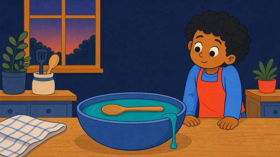 The same child watches a wooden spoon rest on teal goo while goo slowly drips over the bowl rim.