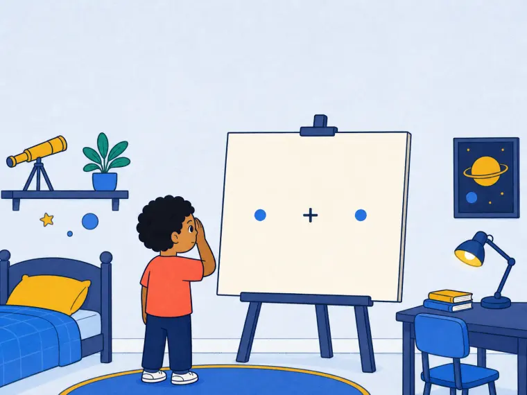 A child covers the left eye and studies a card with a center cross and equal blue dots.