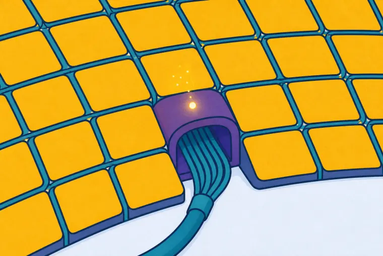 Gold sensor tiles stop around a plum wire doorway where one light speck has no tile beneath it.
