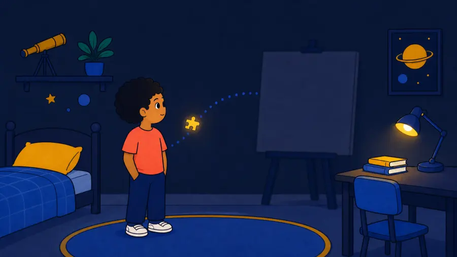 The same child looks around with both eyes open while a small glowing puzzle piece floats nearby.