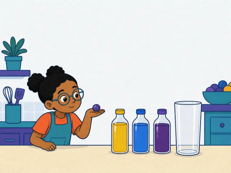 A child holds a grape beside three separate liquid bottles and one completely empty tall glass.