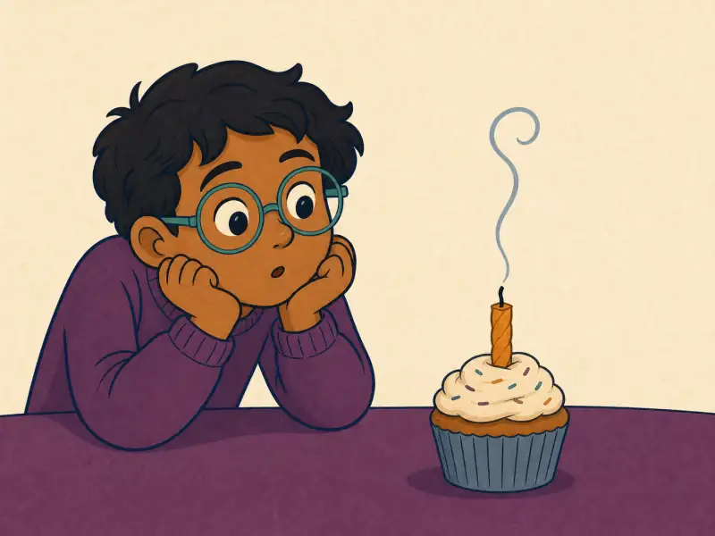 A curious child watches a silver-blue plume curl from the dark wick of an extinguished birthday candle.