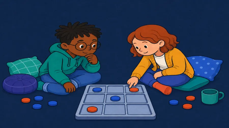 The same two children calmly inspect a partly played board with no completed line.