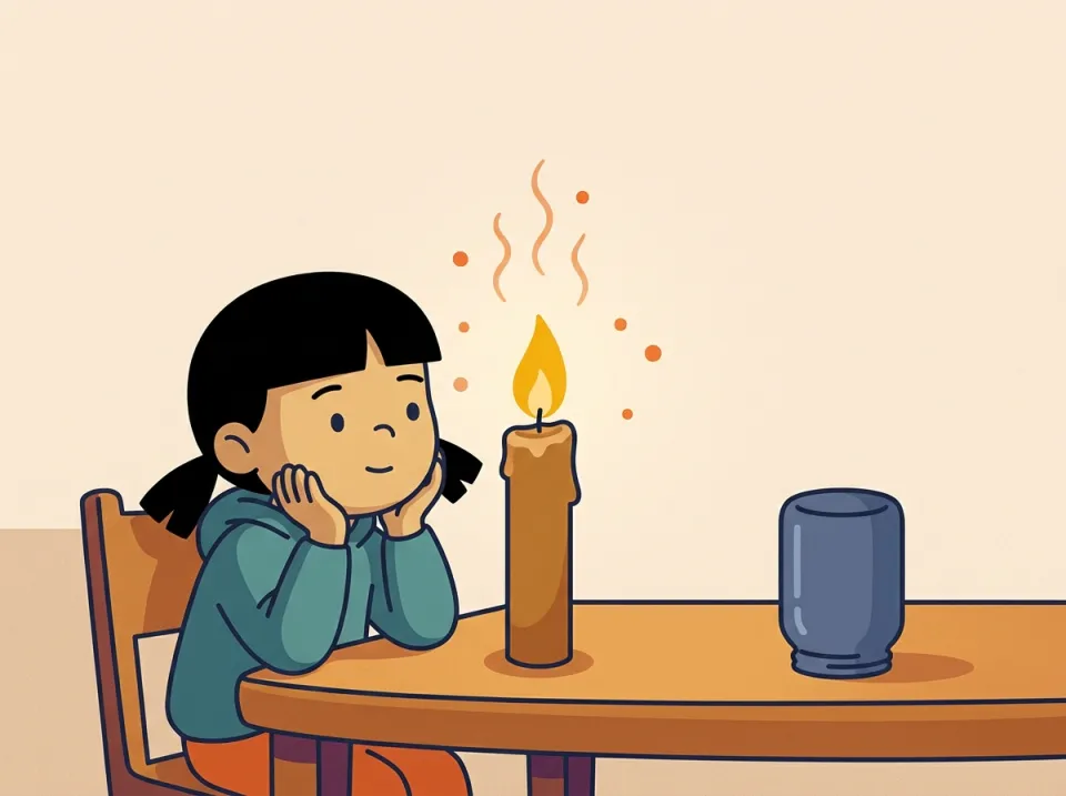 A child rests their chin in their hands, watching a single tall candle burn with a bright golden flame on a wooden table, an empty glass jar sitting nearby.
