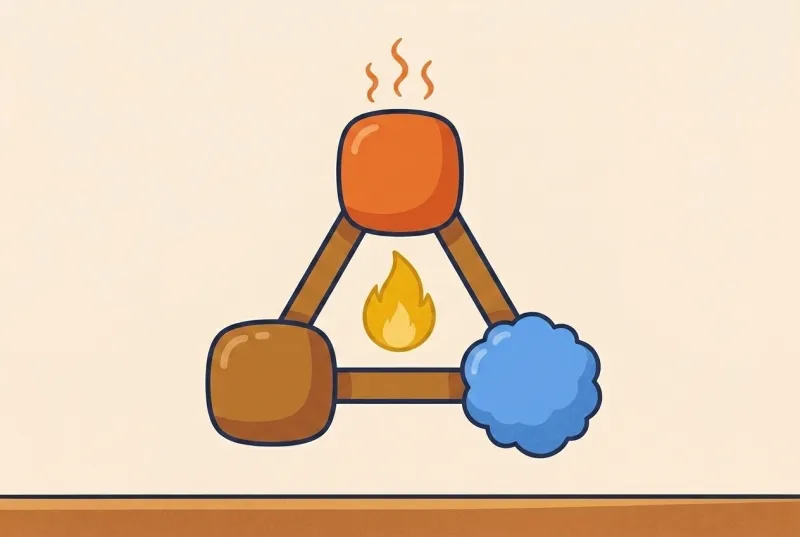 Three rounded corner tokens — an orange heat token, a brown wax token, and a blue oxygen puff — are joined into a triangle with a small gold flame glowing at its center.