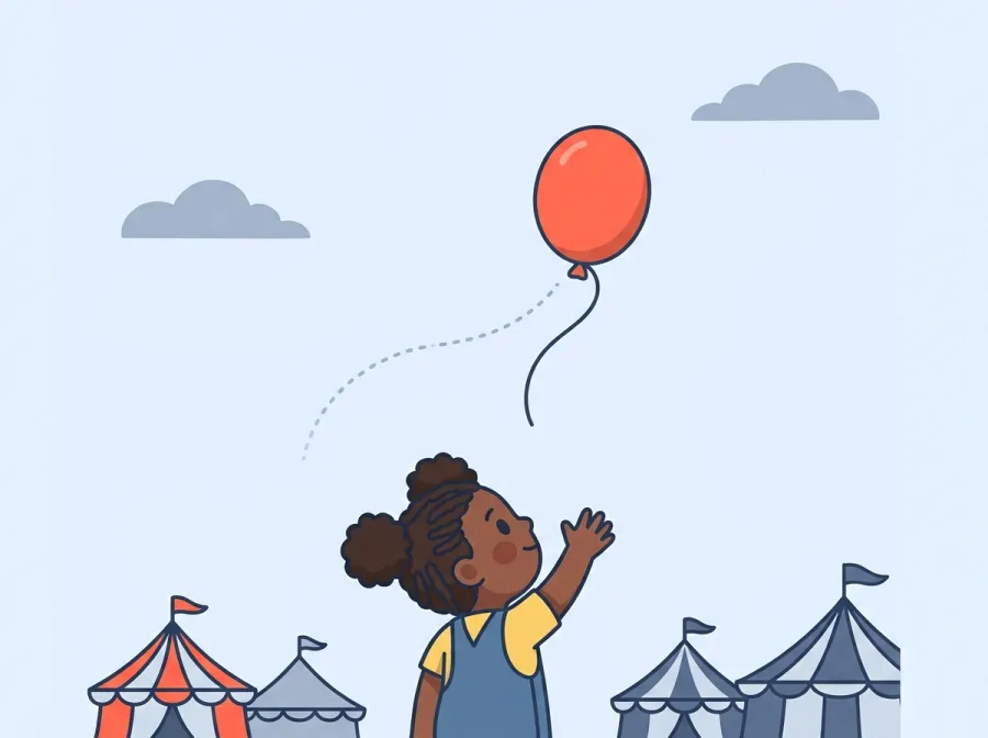 At a fair, a child reaches up after a coral-red helium balloon whose string has slipped free as it drifts high into a big pale sky.