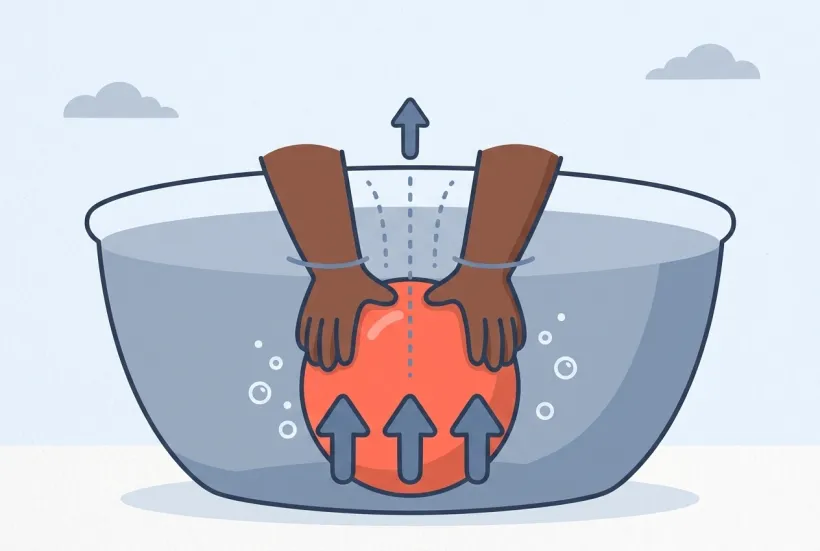 A coral beach ball is pushed under grey-blue water while three chunky slate arrows show the water shoving it back up toward the surface.