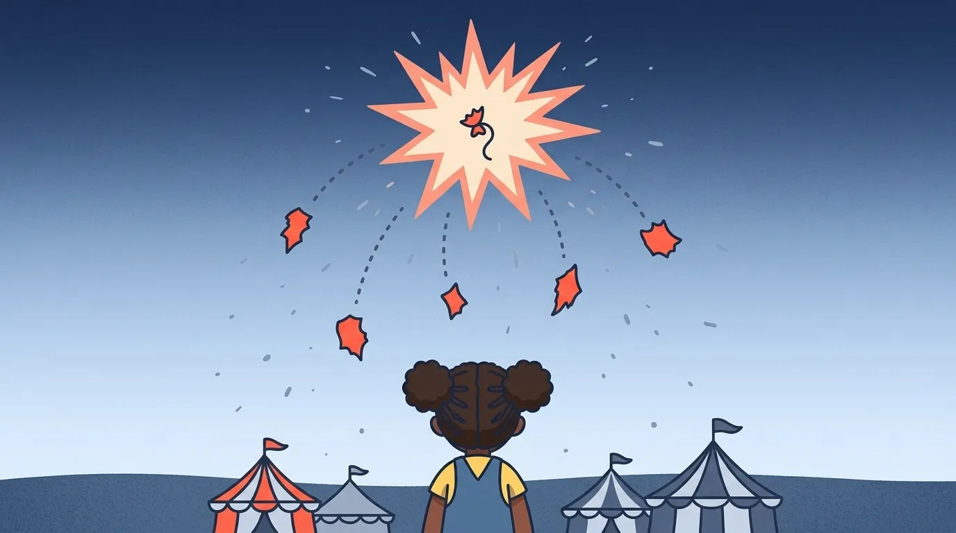 High in a deep indigo sky the coral balloon has burst into small scraps that flutter down through thin air while the child watches from the ground far below.