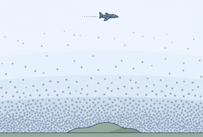 A side view of the sky: grey-blue air specks are packed thick near the ground and thin out to sparse dots high up, where a small jet flies.