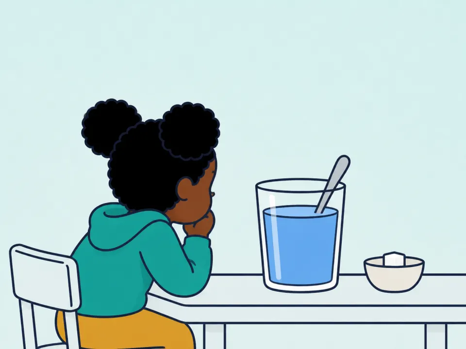 A curious child peers into one clear stirred drink beside a bowl holding a sugar cube.