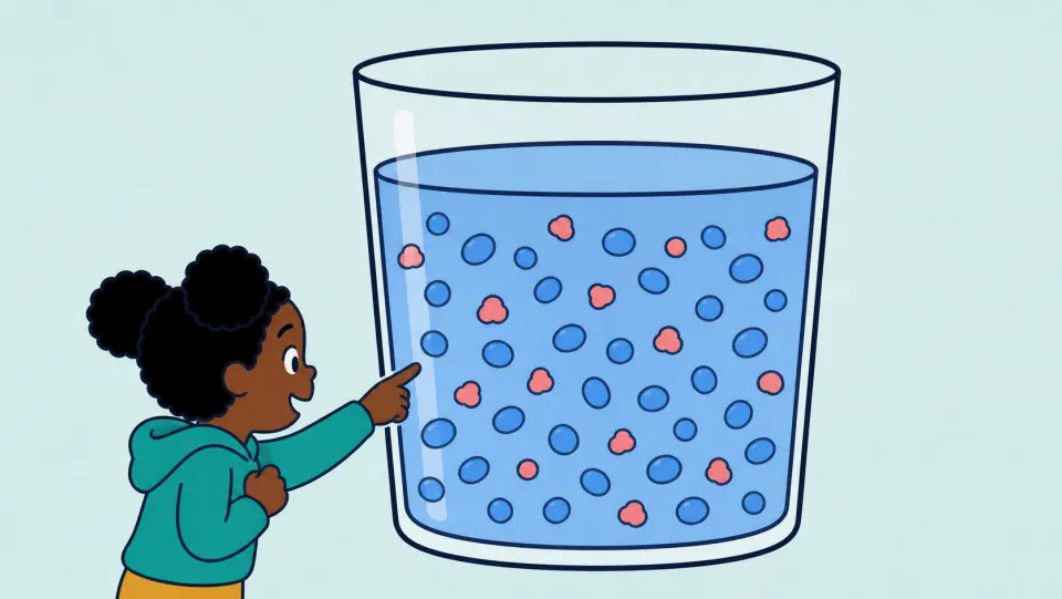 A child points to small coral sugar pieces spread among blue water pieces in a magnified glass.