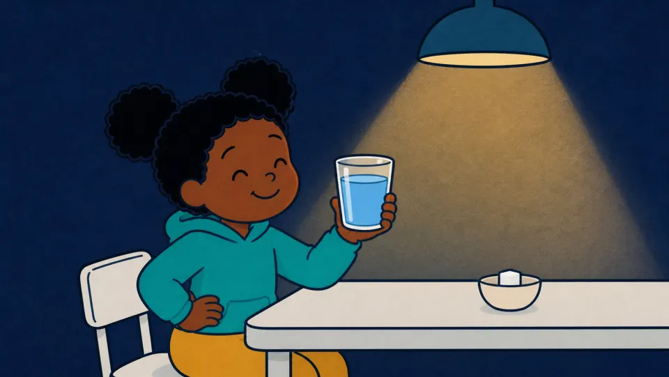 The same child happily holds the clear sweet drink beside a small bowl with one sugar cube.