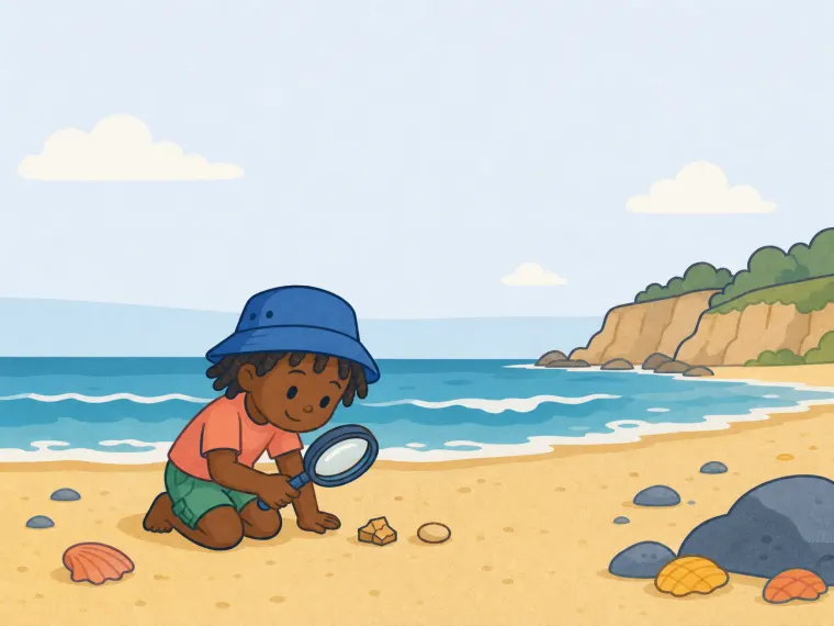 A child at a beach compares one sharp rock chip with one rounded grain through a magnifier.