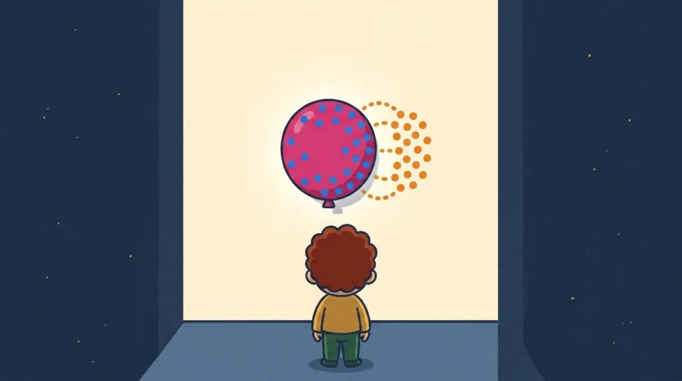 In a cozy dusk-lit room, the balloon clings to the wall covered in glowing blue charges while orange charges gather in the wall beside it, pulling together as the kid watches.