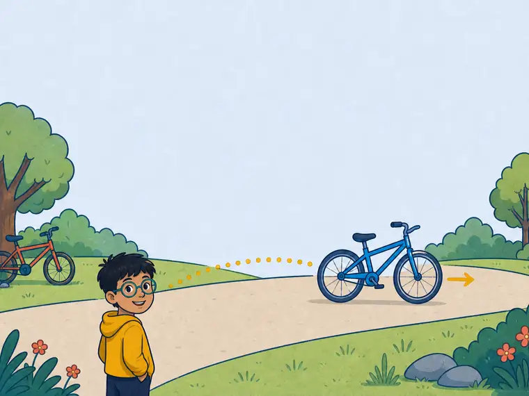 A child watches an empty blue bicycle roll across a park path while another bicycle rests nearby.