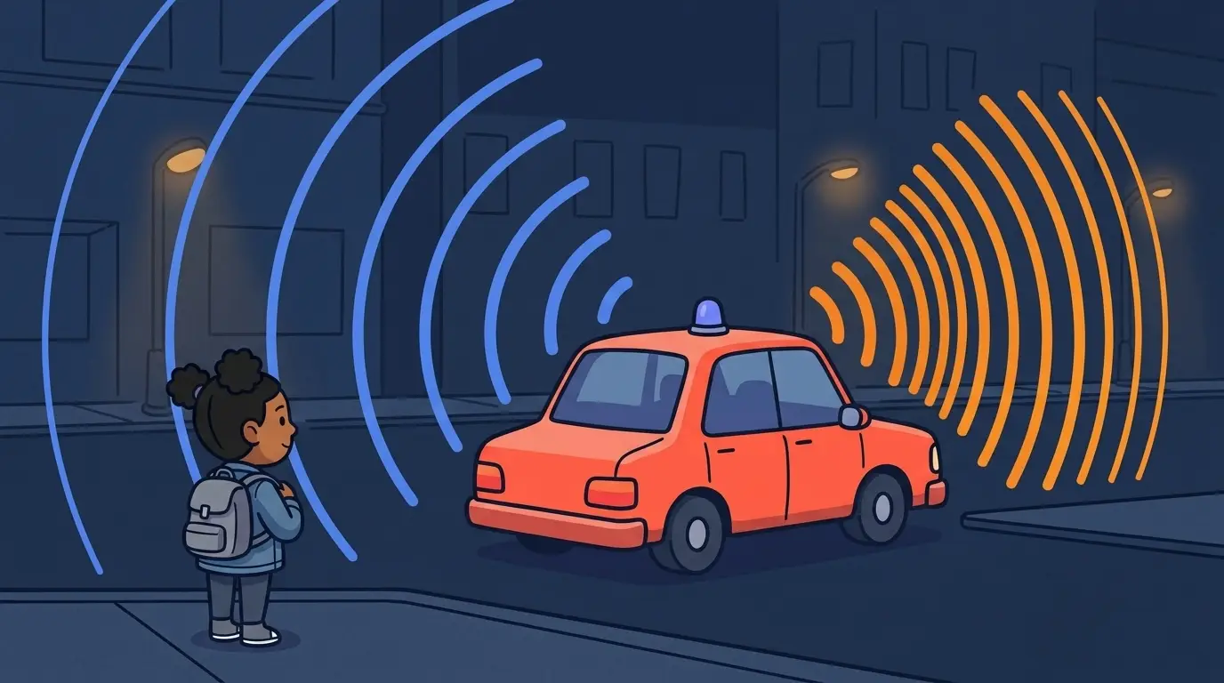 At night the coral police car drives away down the street, its sound waves crowded bright orange ahead of it and stretched cool blue behind it toward the kid watching from the sidewalk.
