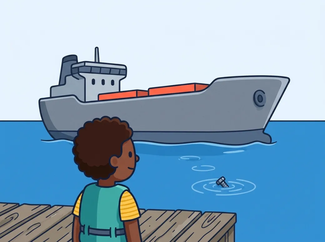A child in a life vest stands on a wooden dock watching a giant grey steel cargo ship ride high on the blue water, while a small steel bolt the child dropped sinks below the surface leaving ripple rings.