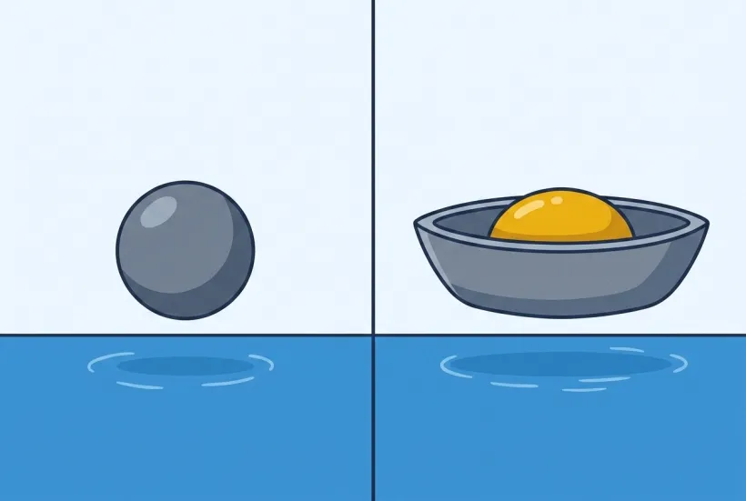 Two side-by-side panels: on the left a tight solid steel ball, on the right the same steel spread into a wide hollow boat cradling a gold air pocket, both hovering just above a blue water surface.