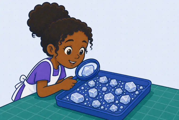 A child compares several naturally faceted crystals in a shallow tray under a large magnifying glass.