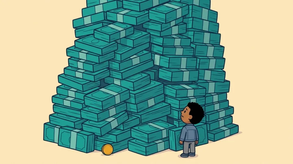 An enormous teal tower of money stacks dwarfs a child looking up at it, with one still-tiny gold penny sitting almost unnoticed at the base.