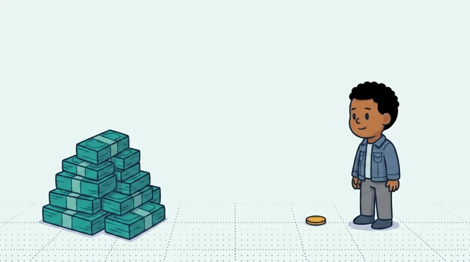Two racing lanes: on the left a solid pile of teal money stacks, on the right a single tiny gold penny on the starting line, with a child standing between them looking at the penny.