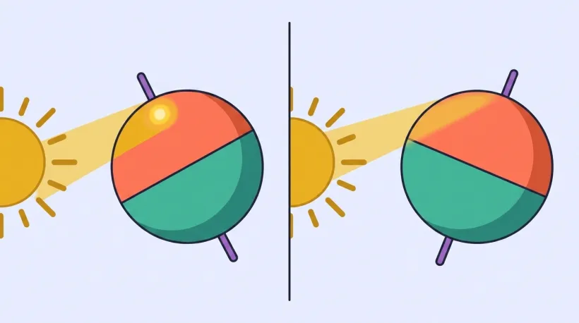 Two panels of a tilted Earth lit by the sun: on the left the coral northern half leans toward the sun and the beam lands as a steep tight bullseye, on the right the same half leans away and the beam grazes it as a wide dim smear.