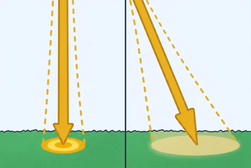 Two panels compare the same gold sunbeam: on the left it comes straight down and lands as a small tight bright bullseye of light, on the right it comes in slanted and smears across a much wider, dimmer patch of grass.