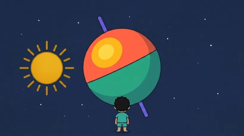 A tilted Earth in dusk-blue space with its coral northern half leaning toward a warm gold sun, a steep bright bullseye of light landing on it, while a small child in the foreground watches from behind.
