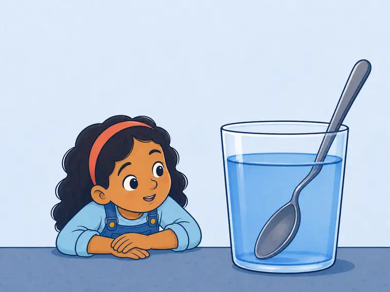 A child peers sideways at a straight metal spoon that appears kinked where it enters a clear glass of water.