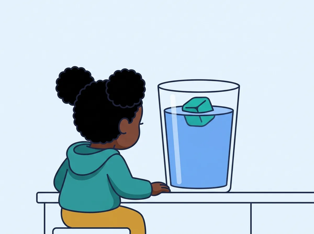 A child at a kitchen table looks closely at a tall glass of blue drink with a single teal ice cube bobbing right at the top of the surface.