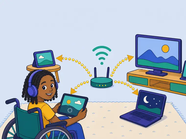 A child’s tablet shows a buffering spinner while large golden packet arrows leave one router toward several household screens.
