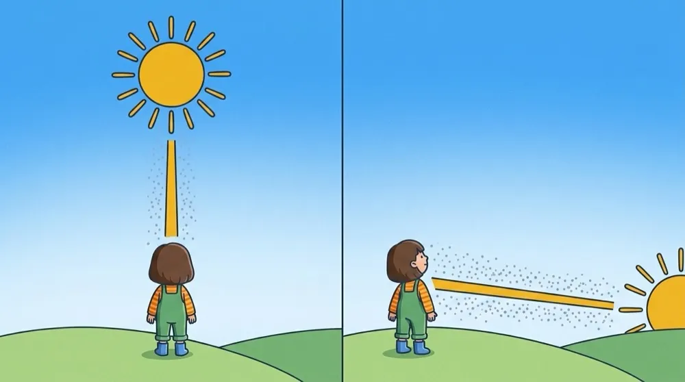 Two panels of the same child on a hill: a high noon sun sends a short beam straight down through a little air, while a low sun sends a long beam sideways through much more air to reach the same child.