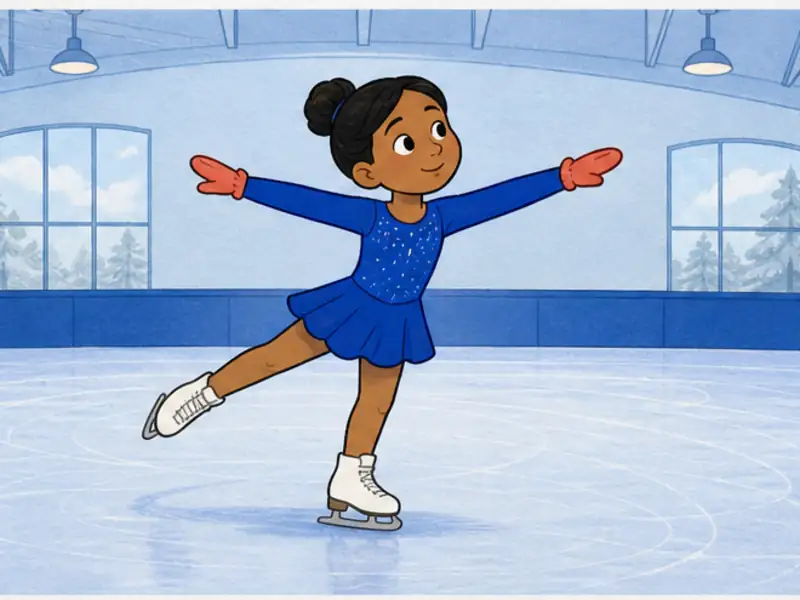 A young skater spins on one skate with arms stretched wide.
