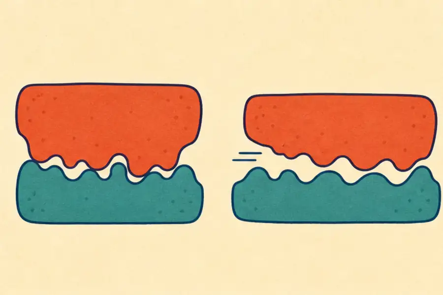 Two still rough surfaces nest together more deeply than two sliding surfaces.