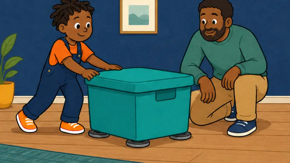 The same child moves the box calmly with protective sliders underneath.