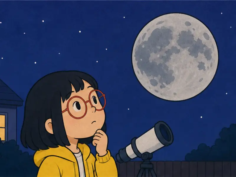A child compares the Moon’s familiar dark markings through a small telescope.