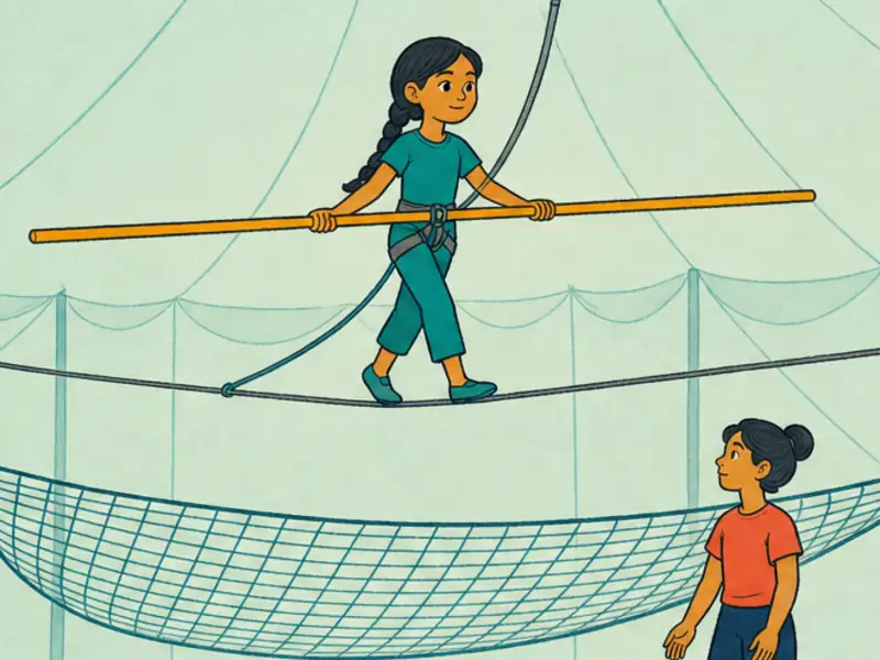 A tightrope walker balances high above a net with a long amber pole.
