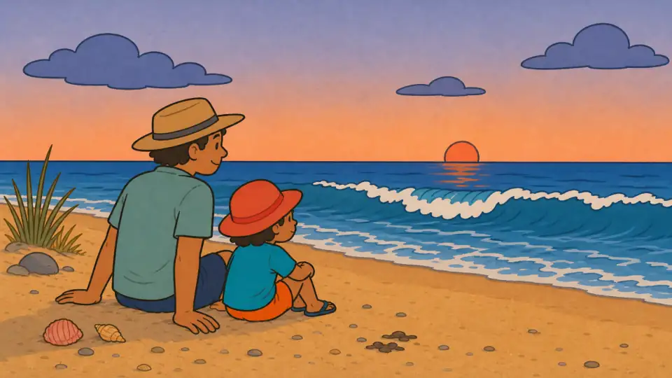 The same child watches rolling surf from safe dry sand.
