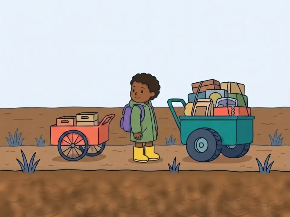 Rafi stands between a lightly loaded coral cart on thin wheels and a heavily loaded teal cart on broad fat tires, facing a wide field of smooth untouched brown mud.