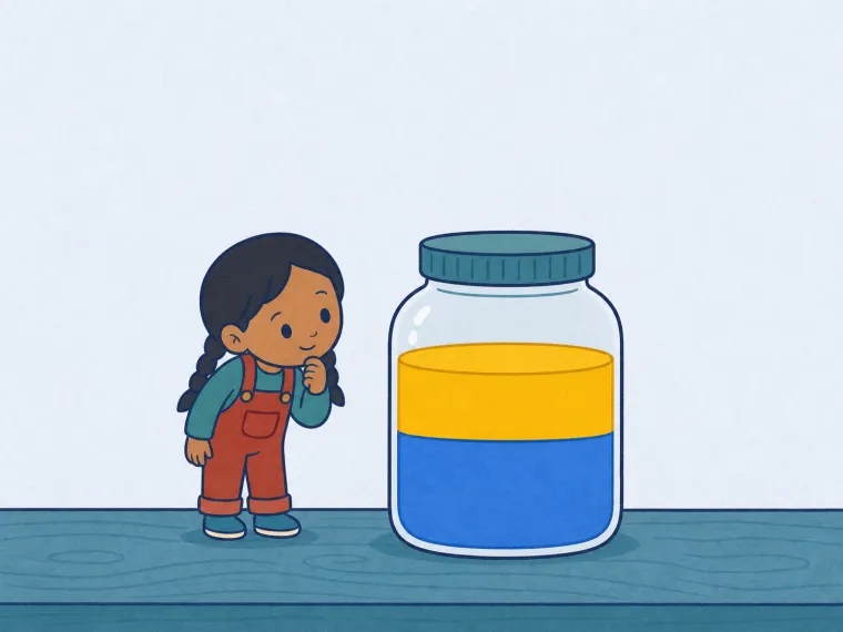 A curious child studies a closed jar with gold oil above blue water.