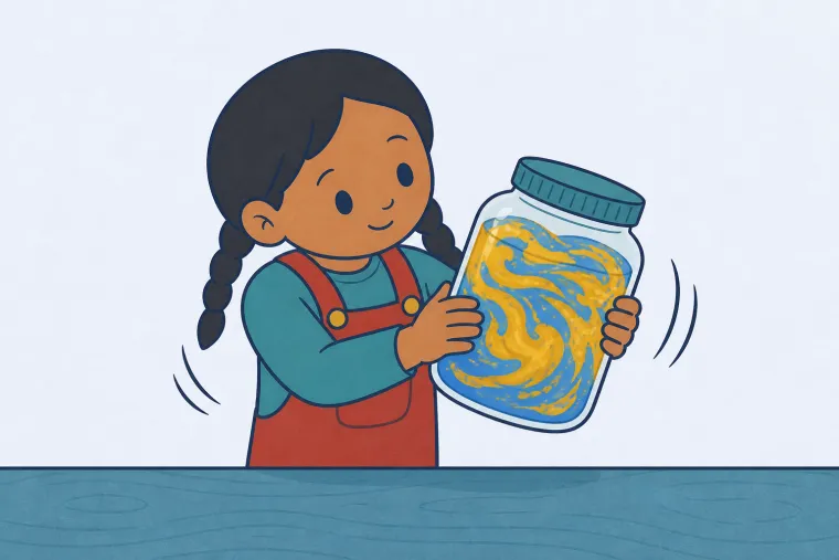 The same child shakes one closed jar filled with a cloudy gold-and-blue swirl.
