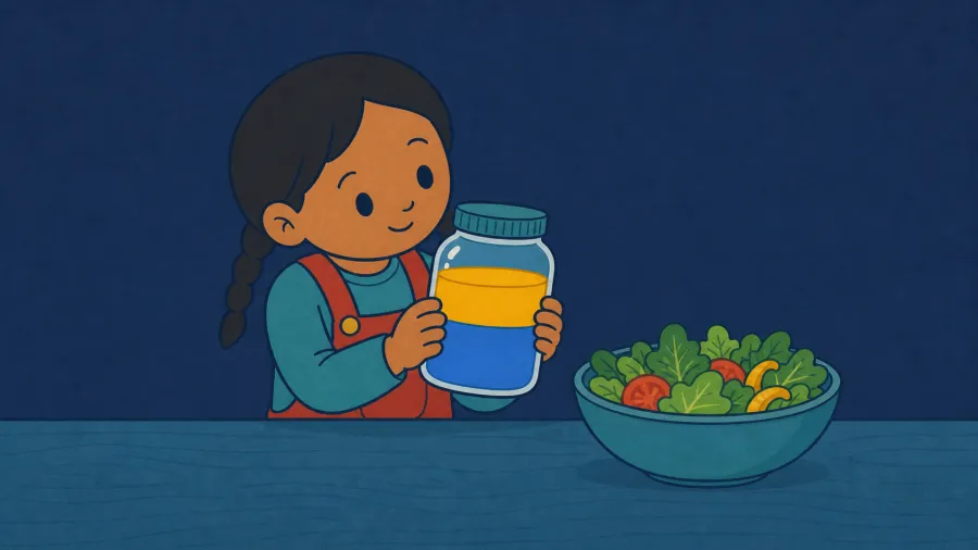 The same child holds a closed dressing jar beside a bowl of salad.