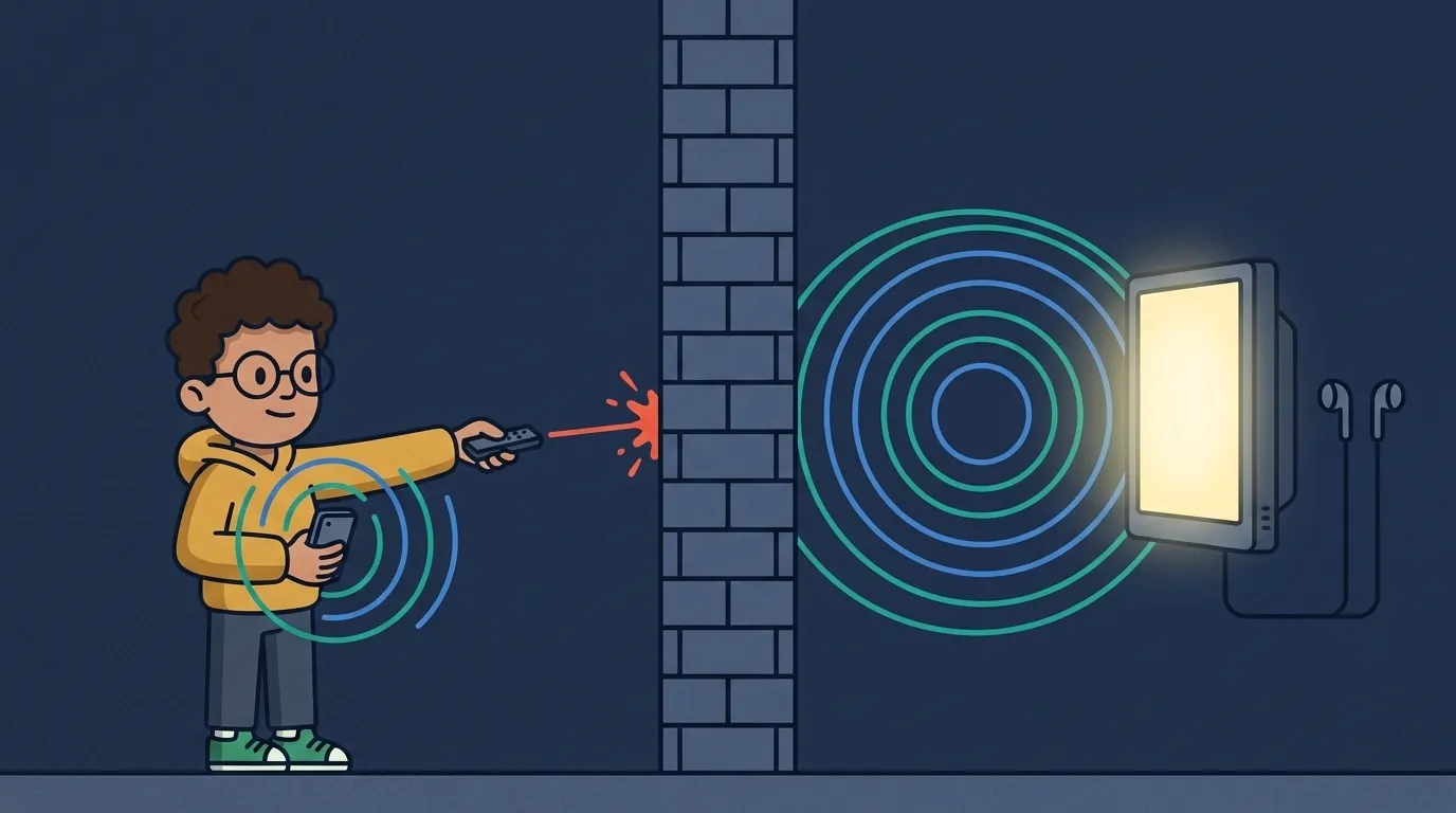 At dusk beside a brick wall, a red infrared beam splats against the wall while teal and blue radio rings pass through it to reach a TV and earbuds beyond.