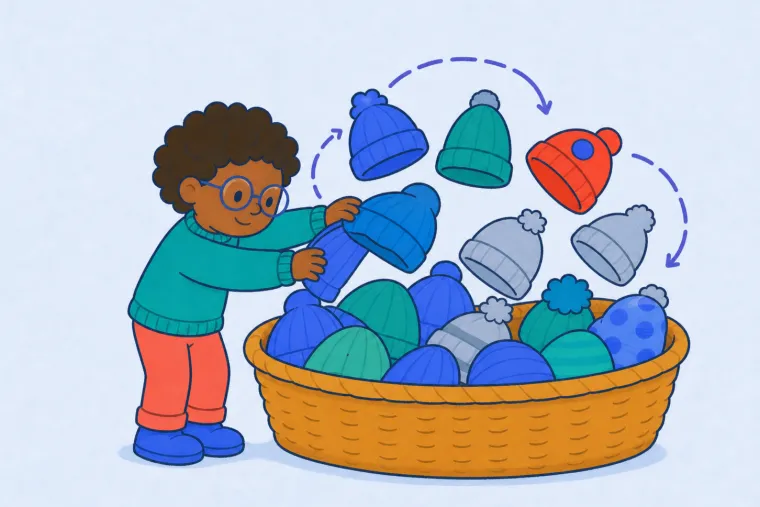 The same child tumbles several different hats together over one basket.
