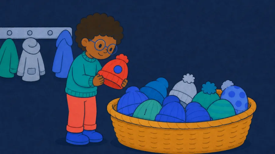 The same child recognizes the familiar coral hat beside the shared basket.